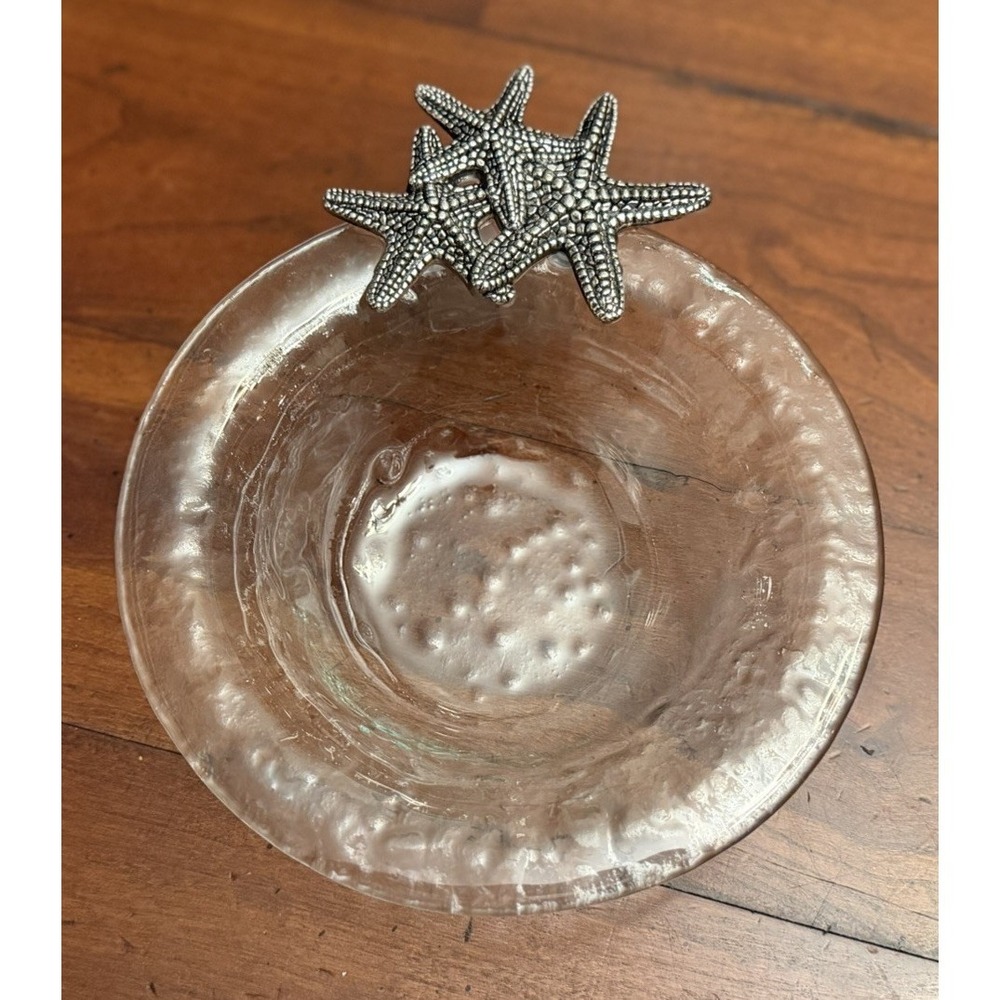 Vintage Clear Textured Bubble Glass Curio Bowl Snack Dish w/ Metal Starfish